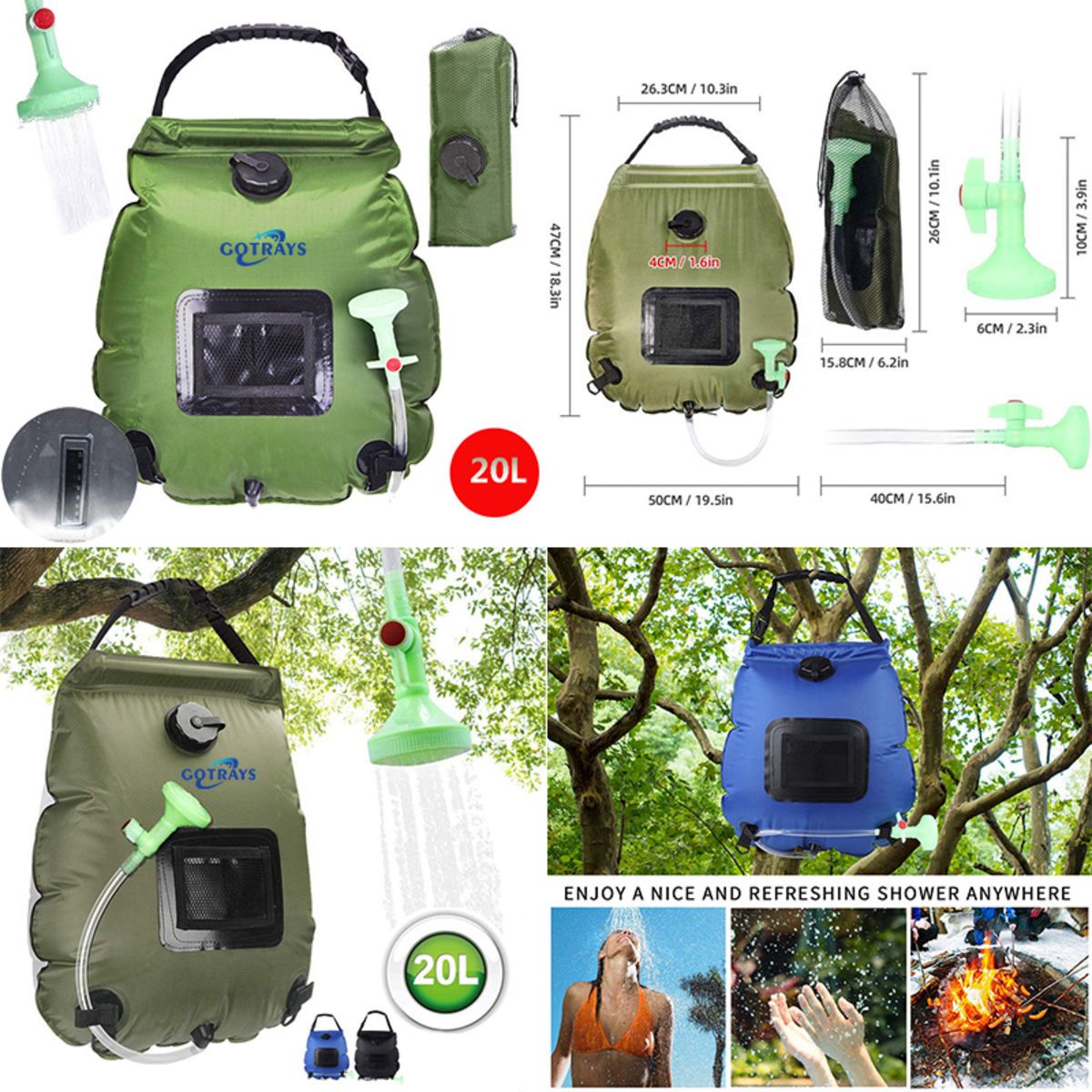 20L Solar Heating Camping Shower Bag with Removable Hose
