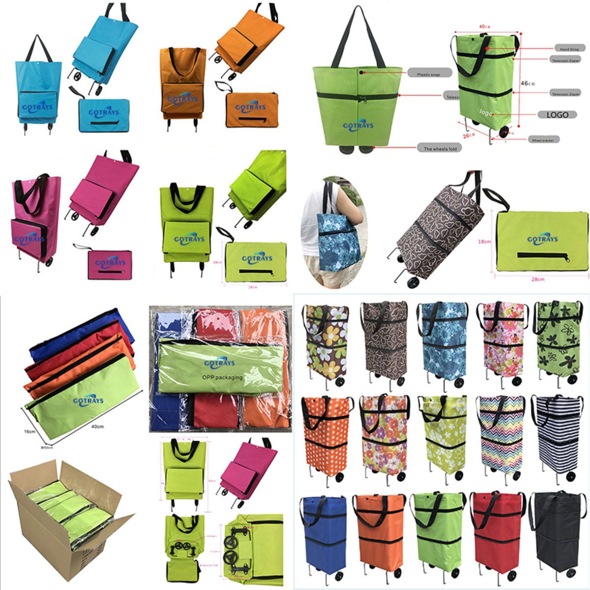 Collapsible Trolley Bags Folding Shopping Cart with Wheels