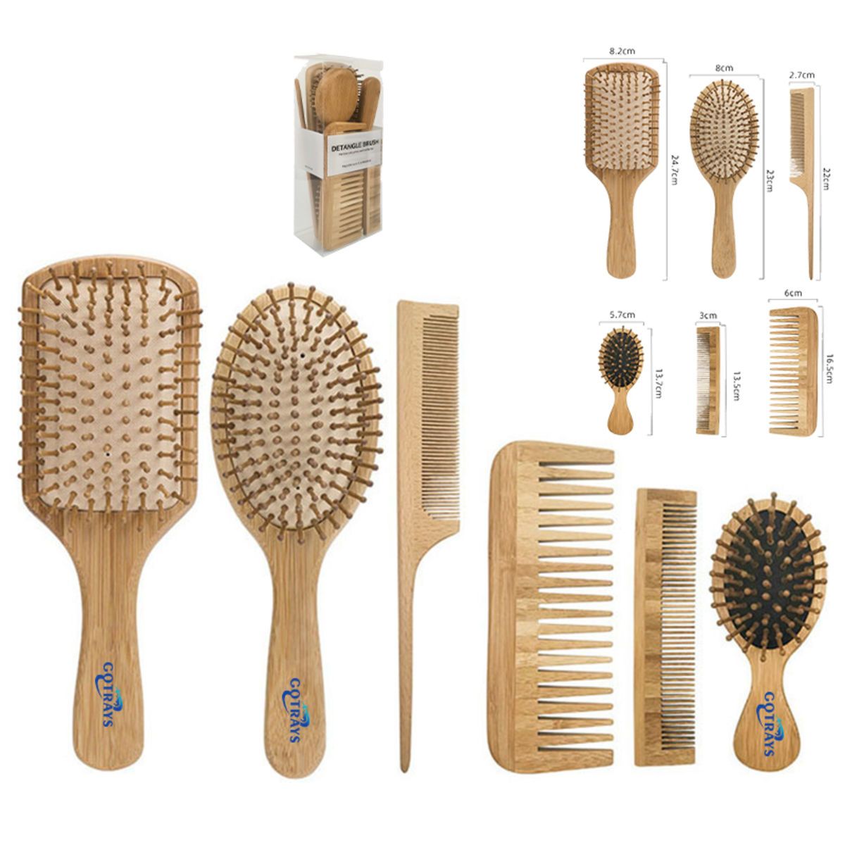 Natural Bamboo Comb Paddle Detangling Hairbrush Set