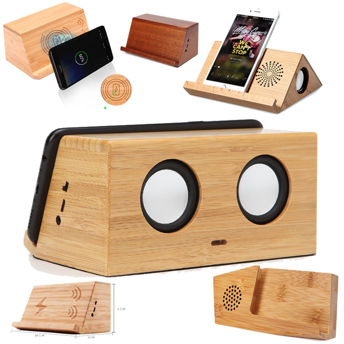 Wood Bluetooth Speaker with Wireless Charger Stand