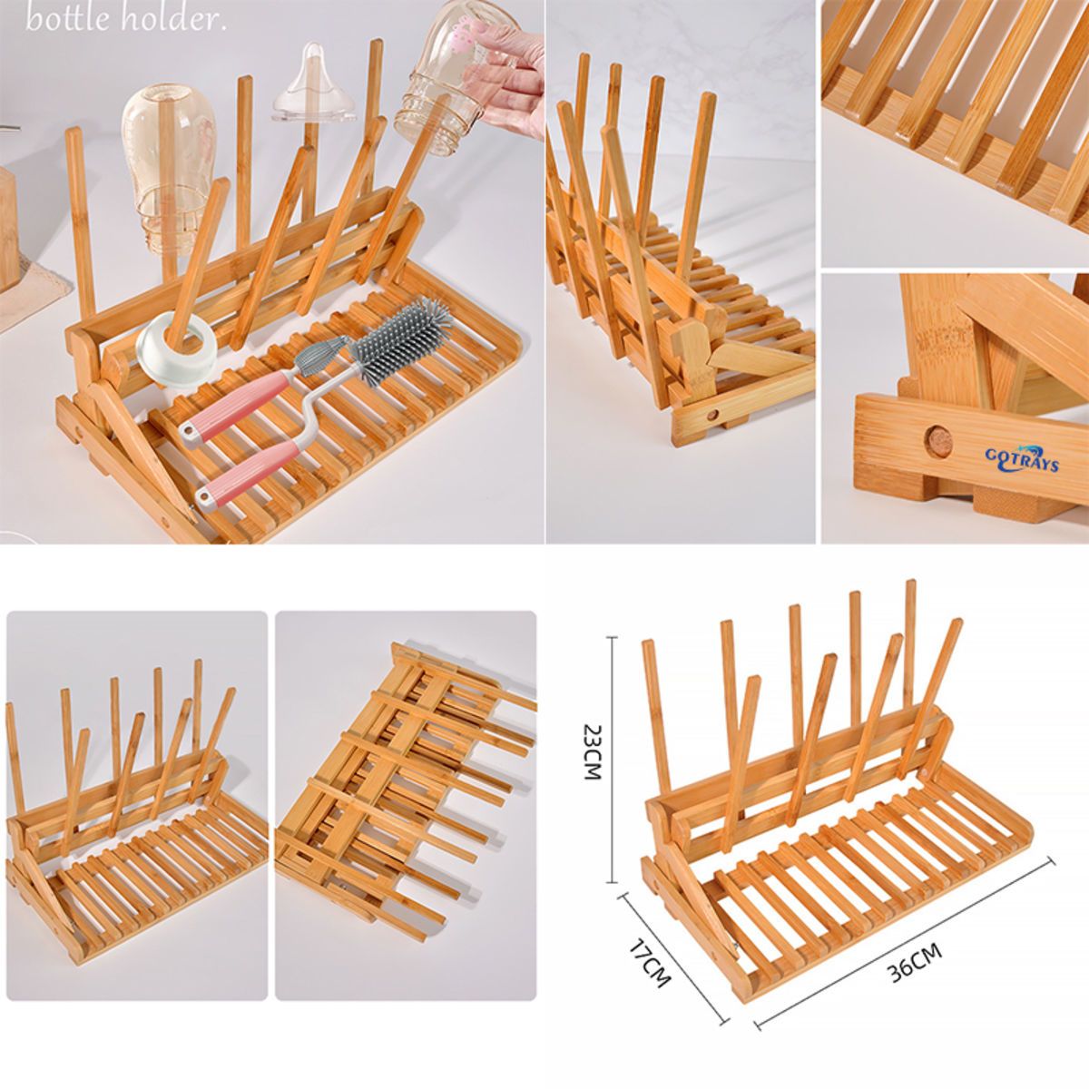 Collapsible Bamboo Bottle Cup Glass Dish Drying Rack Holder