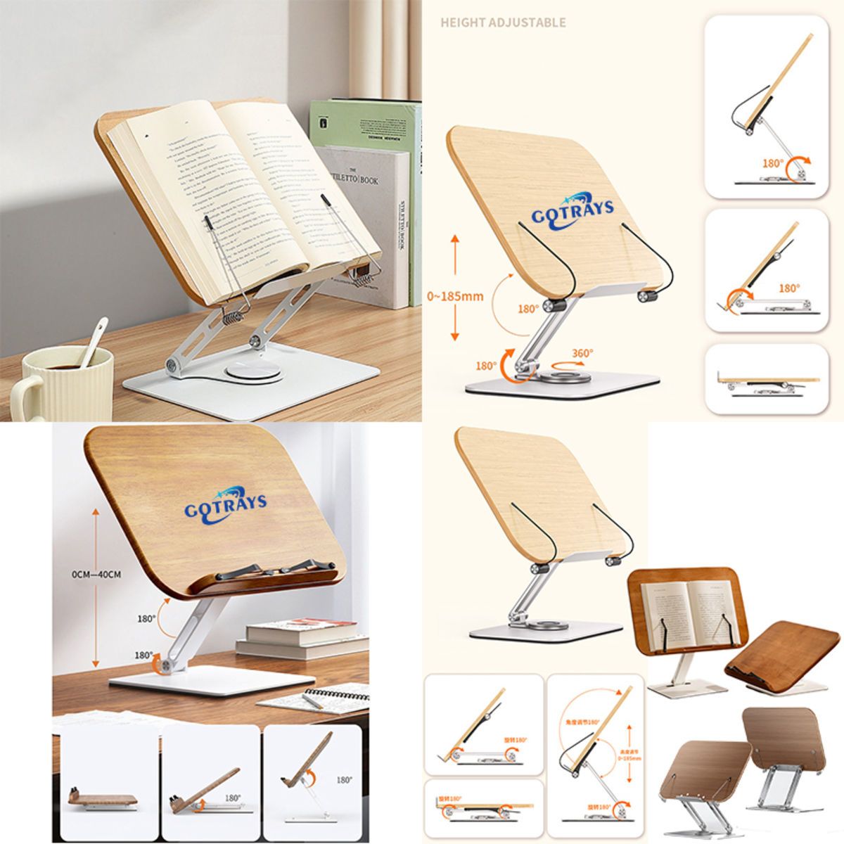 360 Rotate Adjustable Desktop Book Holder, Cookbook Stands