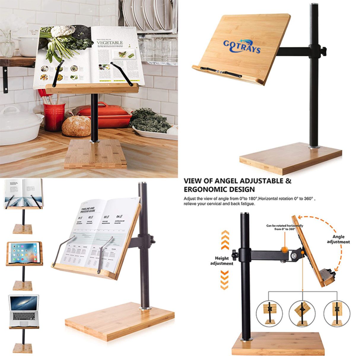 Bamboo Book Stand Holder Height Adjustable Upright for Read