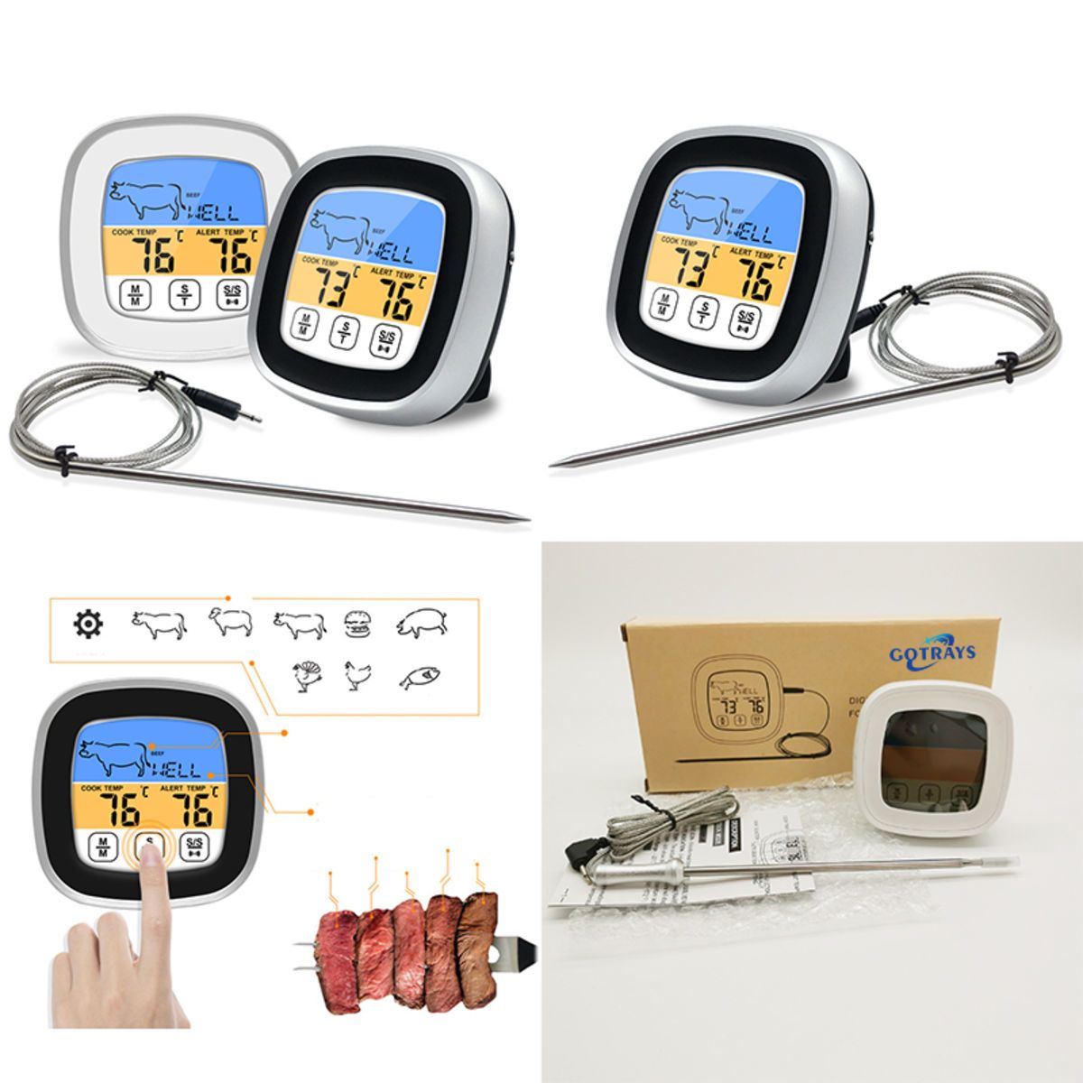 Digital Meat Thermometer with Large Touchscreen LCD w Probe