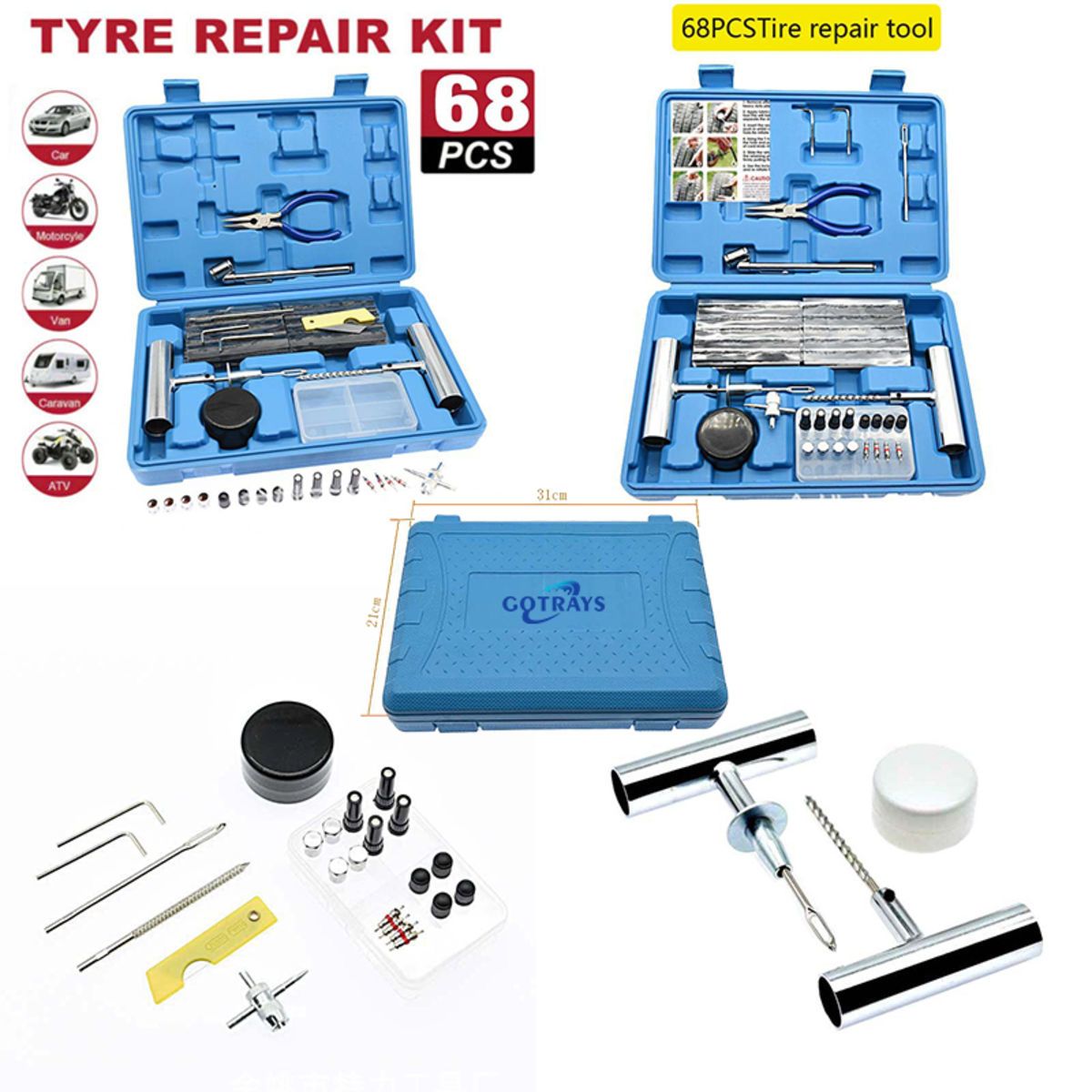 68pcs Heavy Duty Tire Plug Repair Kit Tools to Fix Punctures