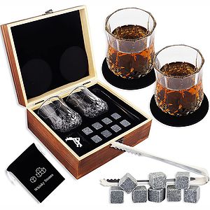 Whiskey Stones Gift Set  Artisan Crafted Scotch Bourbon Glasses, Chilling Rocks Coasters and Tongs