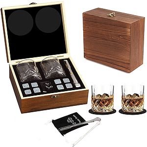 Whiskey Stones Gift Set  Artisan Crafted Scotch Bourbon Glasses, Chilling Rocks Coasters and Tongs