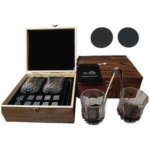 Whiskey Stones Gift Set  Artisan Crafted Scotch Bourbon Glasses, Chilling Rocks Coasters and Tongs