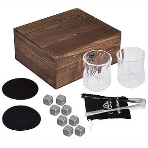 Whiskey Stones Gift Set  Artisan Crafted Scotch Bourbon Glasses, Chilling Rocks Coasters and Tongs
