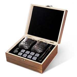 Whiskey Stones Gift Set  Artisan Crafted Scotch Bourbon Glasses, Chilling Rocks Coasters and Tongs