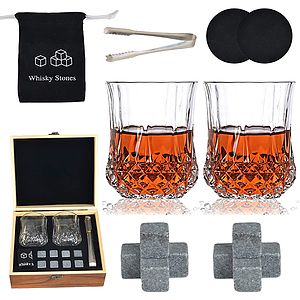 Whiskey Stones Gift Set  Artisan Crafted Scotch Bourbon Glasses, Chilling Rocks Coasters and Tongs