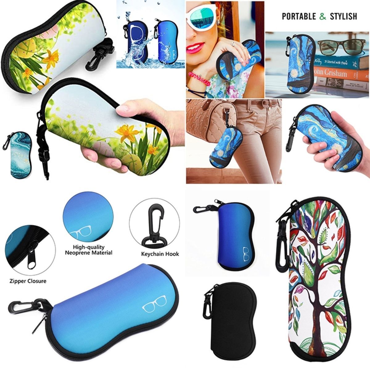 Soft Sunglasses Case,Neoprene Zipper Glasses Pouch w Clip