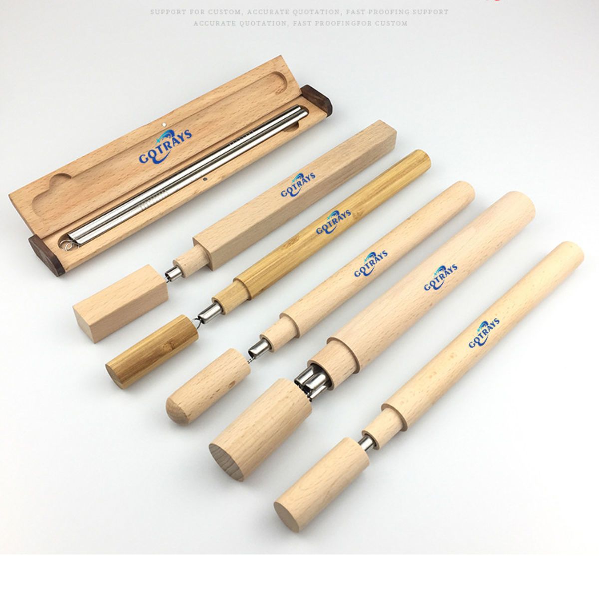 Reusable Metal Stainless Steel Straw Wooden Case Clean Brush