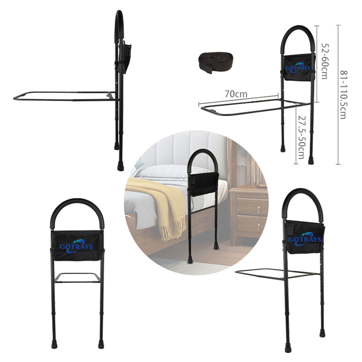 Bed Assist Bar With Storage Pocket, Height Adjustable Rail