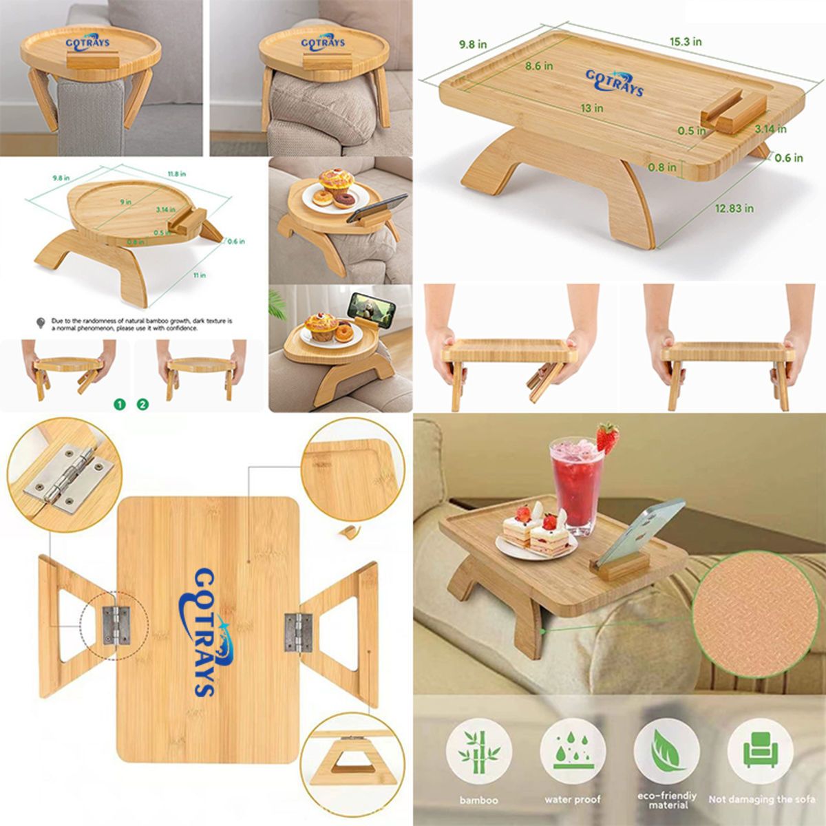 Bamboo Sofa Tray Table Clip on Side for Wide Couches Arm
