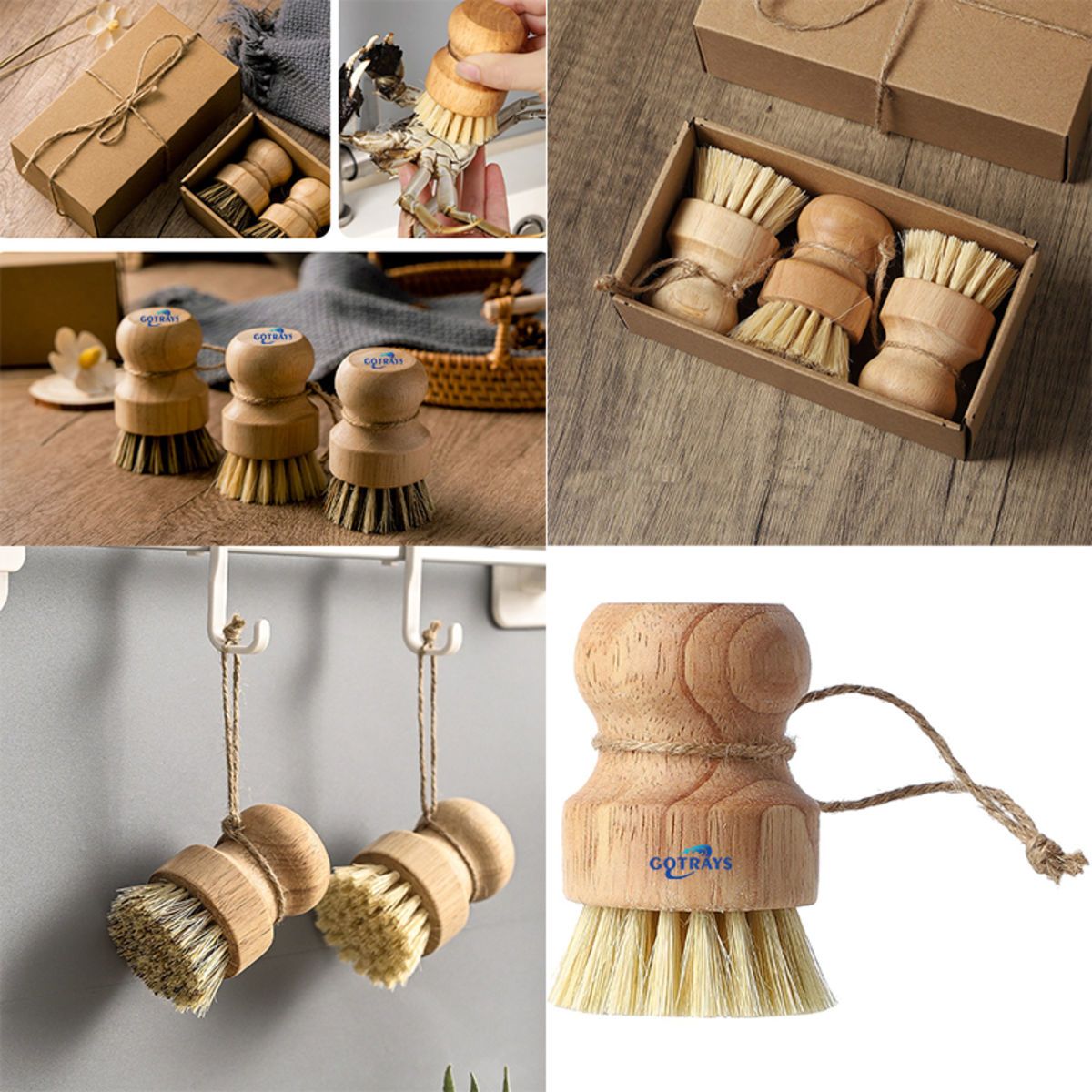 Bamboo Round 3 Packs Mini Dish Pot Brush Natural Scrub