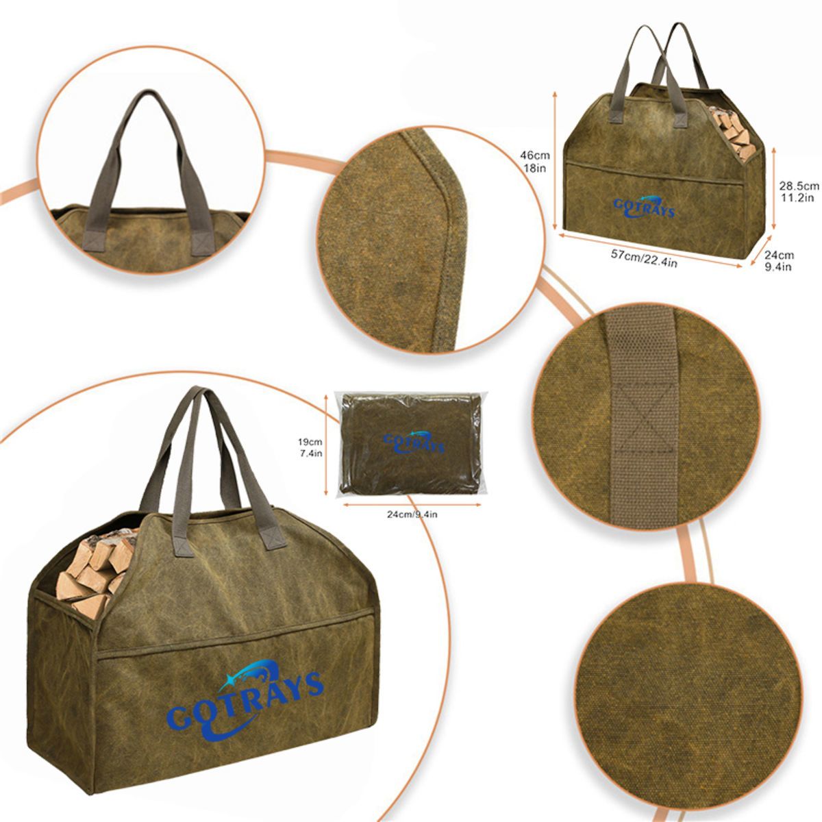 Firewood Carrier Bag Large Durable Waxed Canvas Log