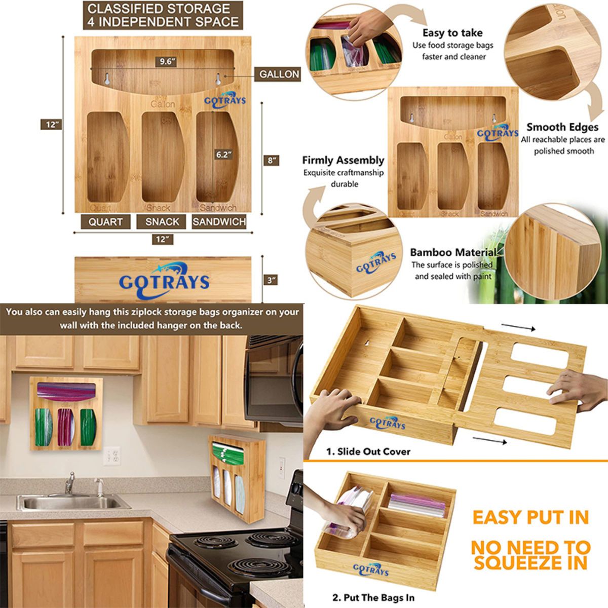 Bamboo Ziplock Bag Storage Organizer for Kitchen Drawer