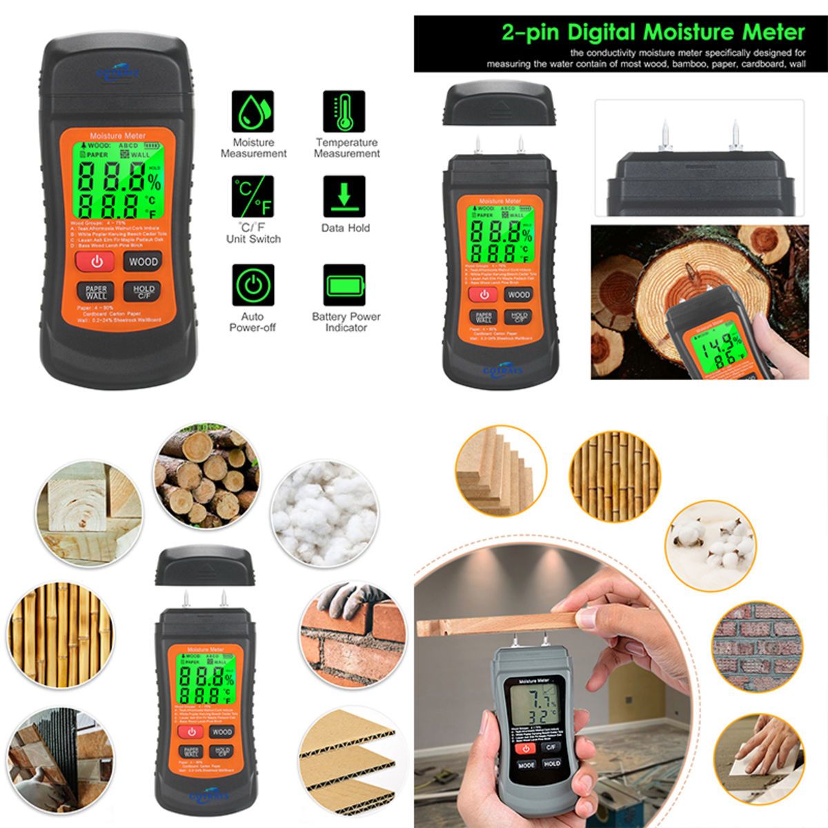 Digital Moisture Meter Water Leak Detector Tester Pin Type