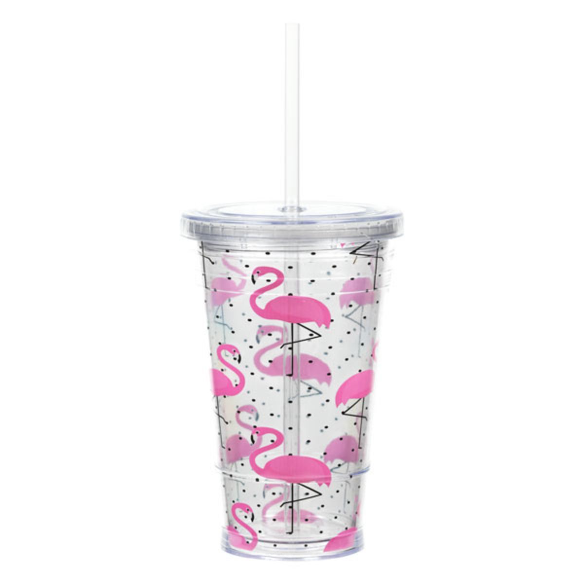 Flamingo Glass Cup with Lid with Straw