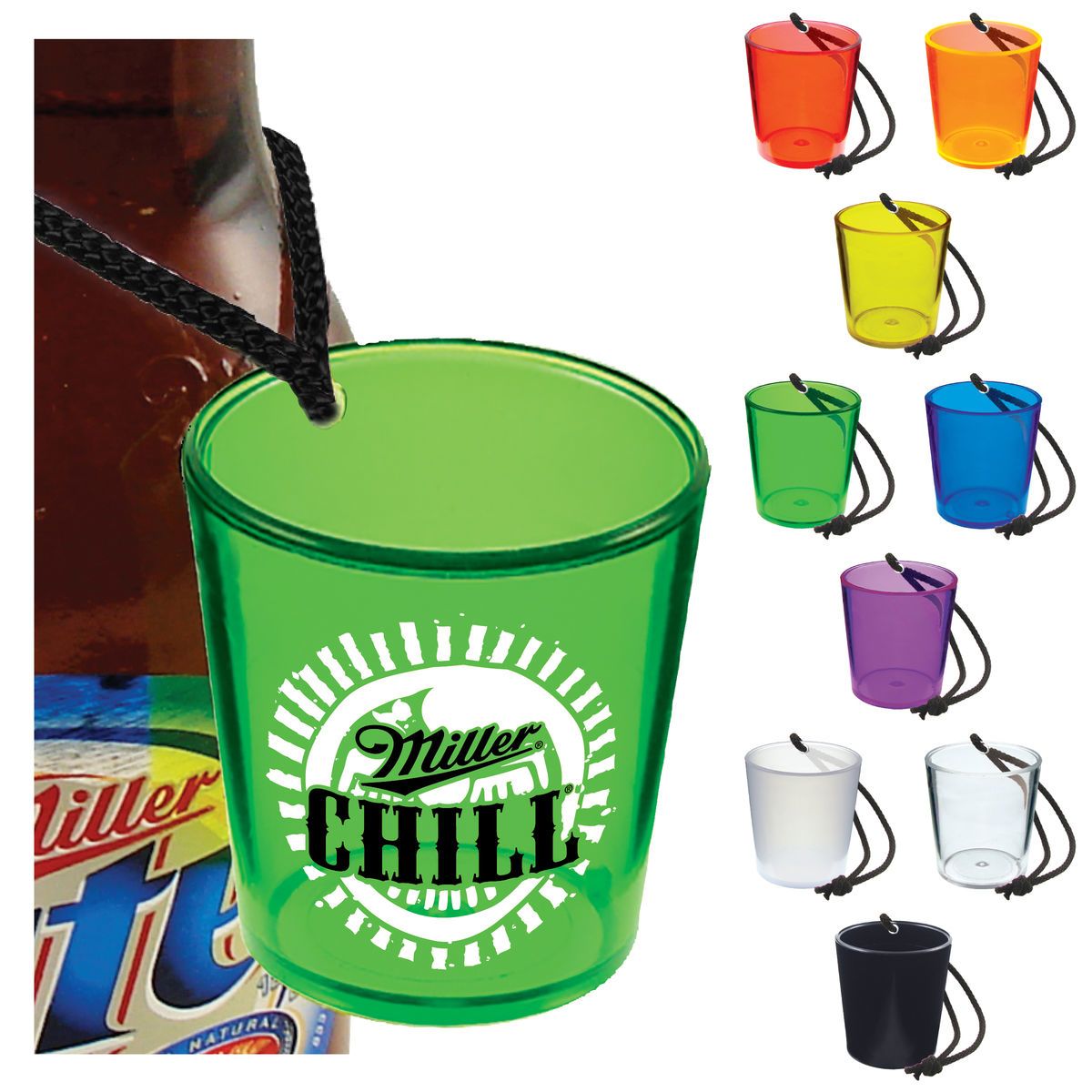 2oz Plastic Bottle Neck Hanging Sidecar Shot Glass with Black Rope
