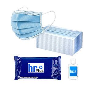 Essential PPE Combo Includes 10 Disposable Face Masks, 2 oz Hand Sanitizer and 10 Pack Of Sanitizer