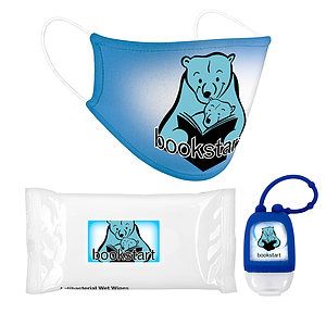 Essential Child PPE Combo Includes A Graphic Dye-Sub Face Mask, 1 oz Hand Sanitizer and 10 Pack Of S