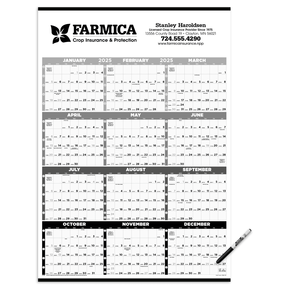 Triumph® Calendars Black & White Time Management Span-A-Year Laminated w/Marker Calendar