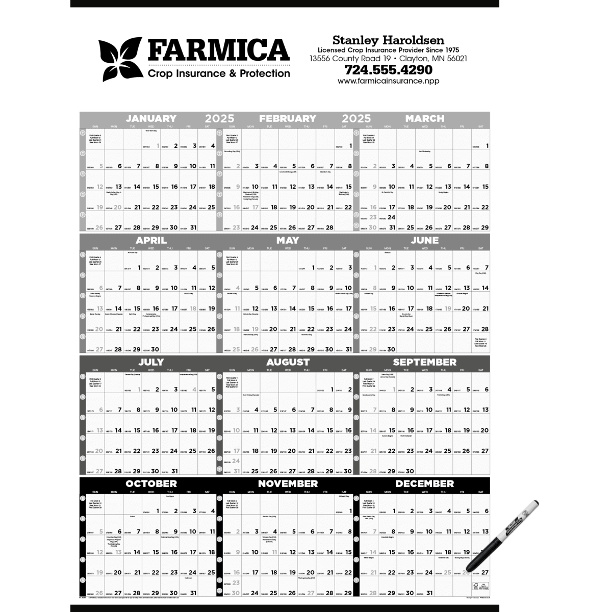 Triumph® Calendars Black & White Time Management Span-A-Year Laminated w/Marker Calendar