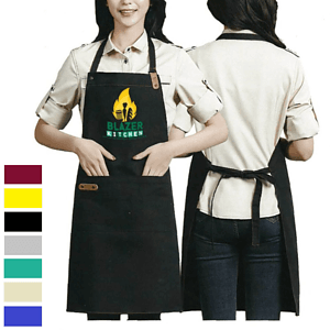 14 oz. Poly-Canvas Kitchen Apron w/ Leather accent & 2 front pocket 30"L x 25.6"W