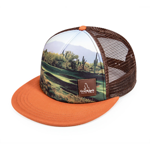 Flat bill trucker mesh cap w/ sublimated crown