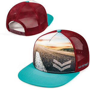 Flat bill trucker mesh cap w/ sublimated crown