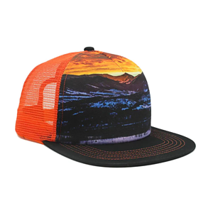 Mesh Flat Bill Cap rPET Recycled 100% Polyester Sublimation Crown Trucker Hat