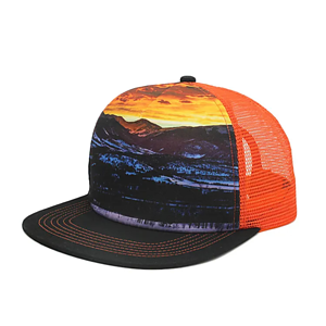 Mesh Flat Bill Cap rPET Recycled 100% Polyester Sublimation Crown Trucker Hat