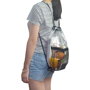Cinch Sacks Backpack Clear PVC Drawstring Bag with Front Zipper Mesh Pocket