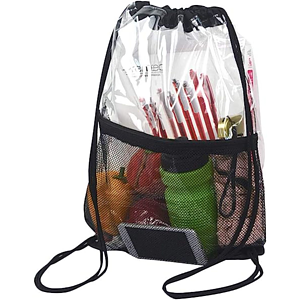 Cinch Sacks Backpack Clear PVC Drawstring Bag with Front Zipper Mesh Pocket