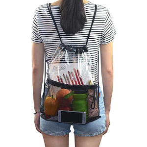 Cinch Sacks Backpack Clear PVC Drawstring Bag with Front Zipper Mesh Pocket