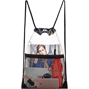 Cinch Sacks Backpack Clear PVC Drawstring Bag with Front Zipper Mesh Pocket
