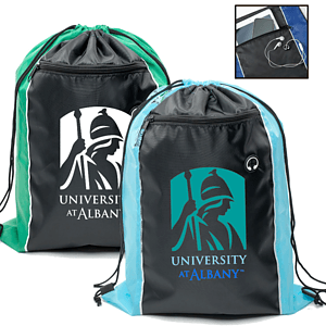 Tri-Color Drawstring Backpack with Earphone Slot & Front Zipper (14" x 18")