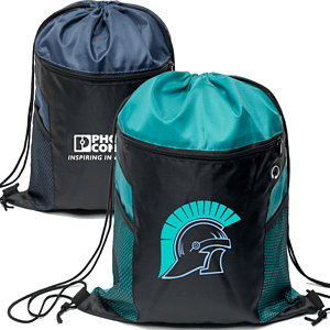 Two-Tone Front Zipper Drawstring Bag with Side Mesh Pocket and Earphone Slot (14" x 18")