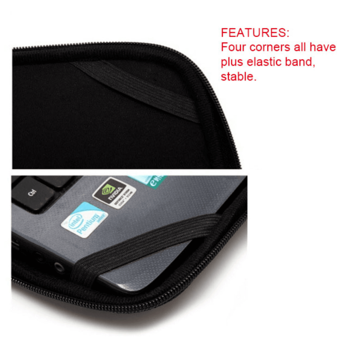 Neoprene padded zippered laptop sleeve w elastic bands on inside