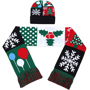 Set of Knitted Cuffed Beanie & Woven Scarf w/ Tassel
