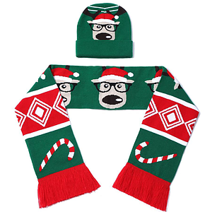 Set of Knitted Cuffed Beanie & Woven Scarf w/ Tassel