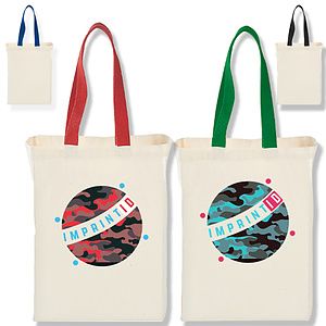 7 Oz. Grocery Cotton Canvas Tote Bag W/ Gusset & Colored Handles (10” X 14” X 5”)