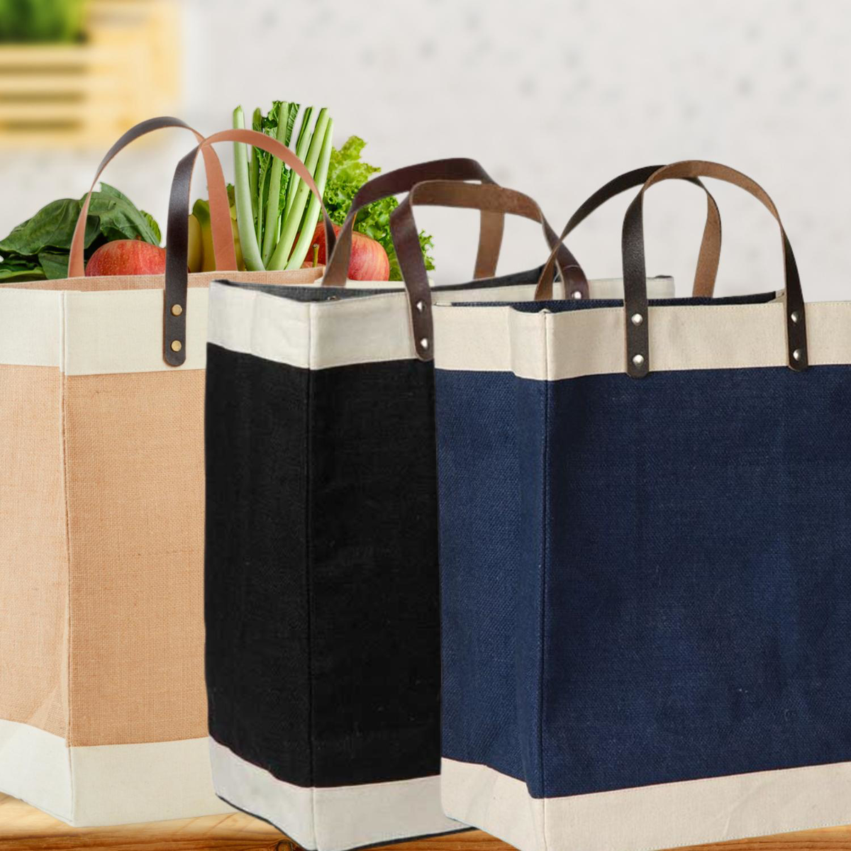 Laminated Jute Tote Bag with Cotton Accents and Leather Handles