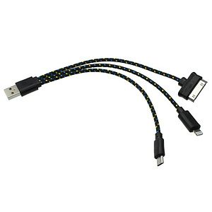 Trio USB charging cable for iPhone, and Android devices.
