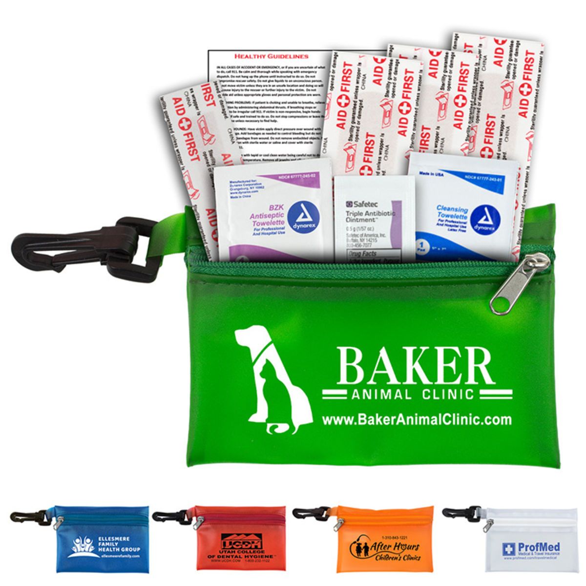 "PARKWAY PLUS" 8 Piece First Aid Kit in Translucent Zipper Kit with Plastic Carabiner Attachment