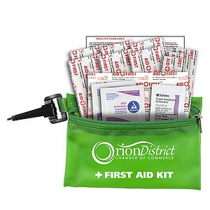 "TROUTDALE PLUS" 14 Piece First Aid Kit in Translucent Zipper Kit with Plastic Carabiner Attachment