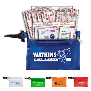 "MEDI" 19 Piece First Aid Kit in Translucent Zipper Kit with Plastic Carabiner Attachment