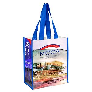 12W x 14H x 7Gusset - NICOLE Full Color Laminated Woven Wrap Tote and Shopping Bag